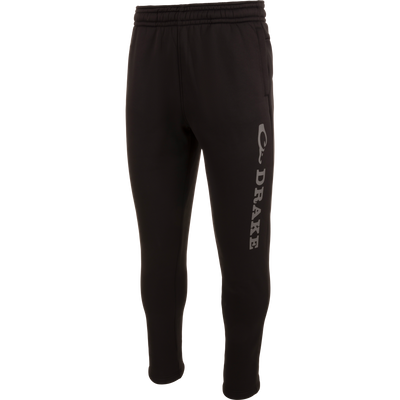 Drake Under-Wader Jogger with white text, featuring tapered legs, front slash pockets, and hook and loop closure back pockets, designed for comfort and durability under waders.