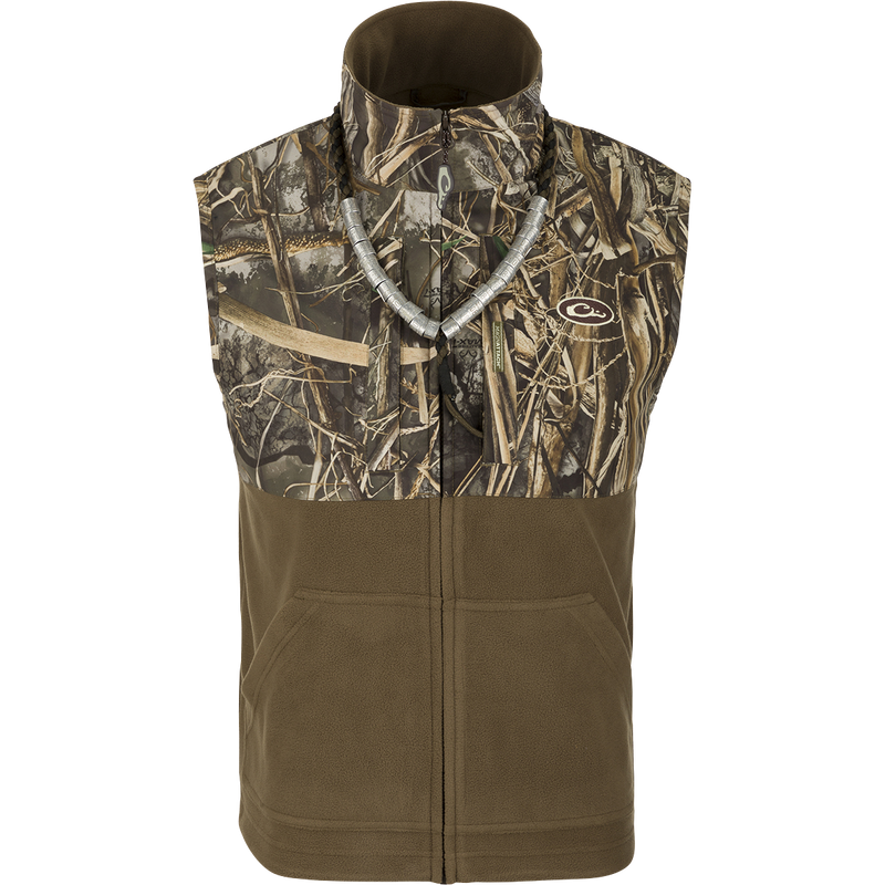 MST Women's Eqwader Vest - A camo-patterned vest with waterproof protection in the shoulders, fleece-lined upper body, and lower slash pockets.