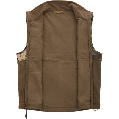 MST Eqwader Vest, featuring camouflage pattern, showcases waterproof, breathable upper with fleece lower, and chest pockets for secure storage, ideal for hunting.