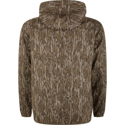 Back view of MST Endurance Quarter Zip Jacket with Hood in camo pattern, showing contoured yoke, elasticized cuffs, and dropped hem for outdoor performance.