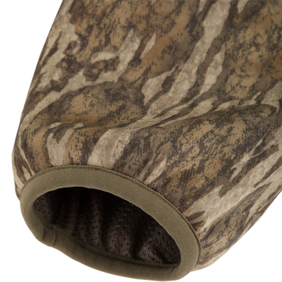 Close-up of camouflage-patterned balaclava, highlighting the MST Endurance Quarter Zip Jacket's rugged design for hunting and outdoor activities.