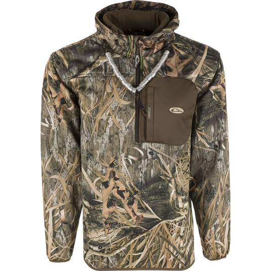 A high-performance MST Endurance 1/4 Zip Jacket with Hood for hunting, featuring breathable Endurance fabric, Magnattach™ chest pocket, zippered pockets, fleece-lined hood, and elastic cuffs.