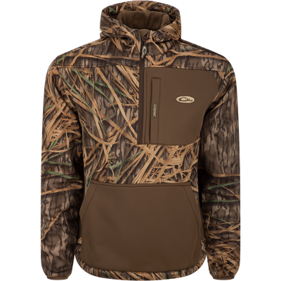 MST Endurance Hoodie With Kangaroo Pouch featuring a camouflage pattern, deep quarter-zip neck, vertical Magnattach™ chest pocket, and adjustable fleece-lined hood.