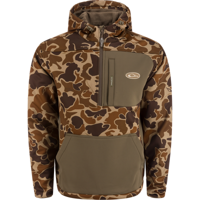 Waterfowl MST Endurance Hoodie With Kangaroo Pouch in Old School camo, featuring a quarter-zip, chest pocket, and front pouch, made from breathable fabric and shown on a plain white background.