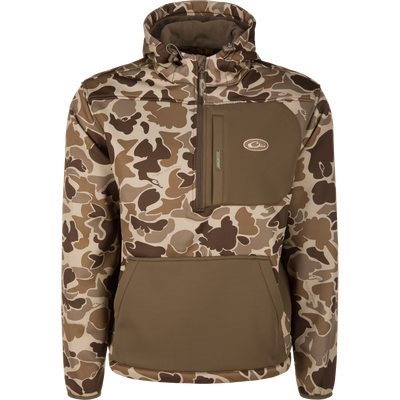 The Waterfowl MST Endurance Hoodie With Kangaroo Pouch in Old School Timber features a front zippered chest pocket, kangaroo pouch, breathable fabric, and a small circular chest logo. Plain white background.