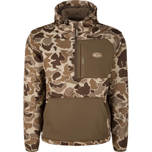 The Waterfowl MST Endurance Hoodie With Kangaroo Pouch in Old School Timber features a front zippered chest pocket, kangaroo pouch, breathable fabric, and a small circular chest logo. Plain white background.