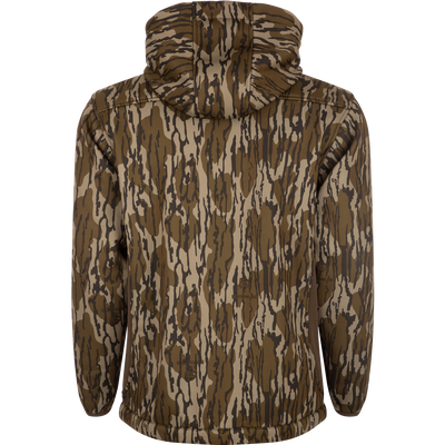 MST Endurance Hoodie With Kangaroo Pouch featuring a camouflage design, zippered chest pocket, and adjustable fleece-lined hood. Ideal for warm weather hunting gear.