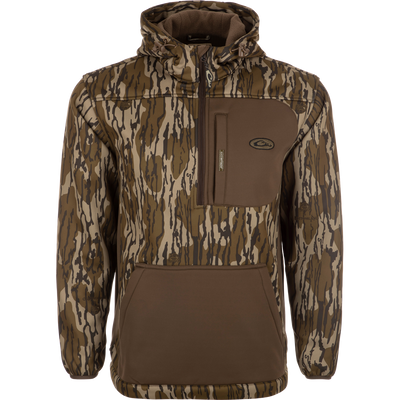 MST Endurance Hoodie With Kangaroo Pouch, featuring a camouflage pattern, vertical Magnattach™ chest pocket, zippered lower pockets, and an adjustable fleece-lined hood.