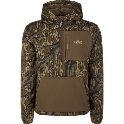MST Endurance Hoodie With Kangaroo Pouch featuring camo pattern, built-in hood, half-zip chest pocket, and kangaroo-style hand pocket for comfort and mobility.