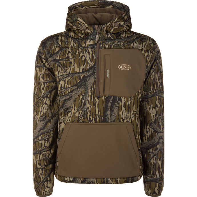 MST Endurance Hoodie With Kangaroo Pouch featuring camo pattern, built-in hood, half-zip chest pocket, and kangaroo-style hand pocket for comfort and mobility.