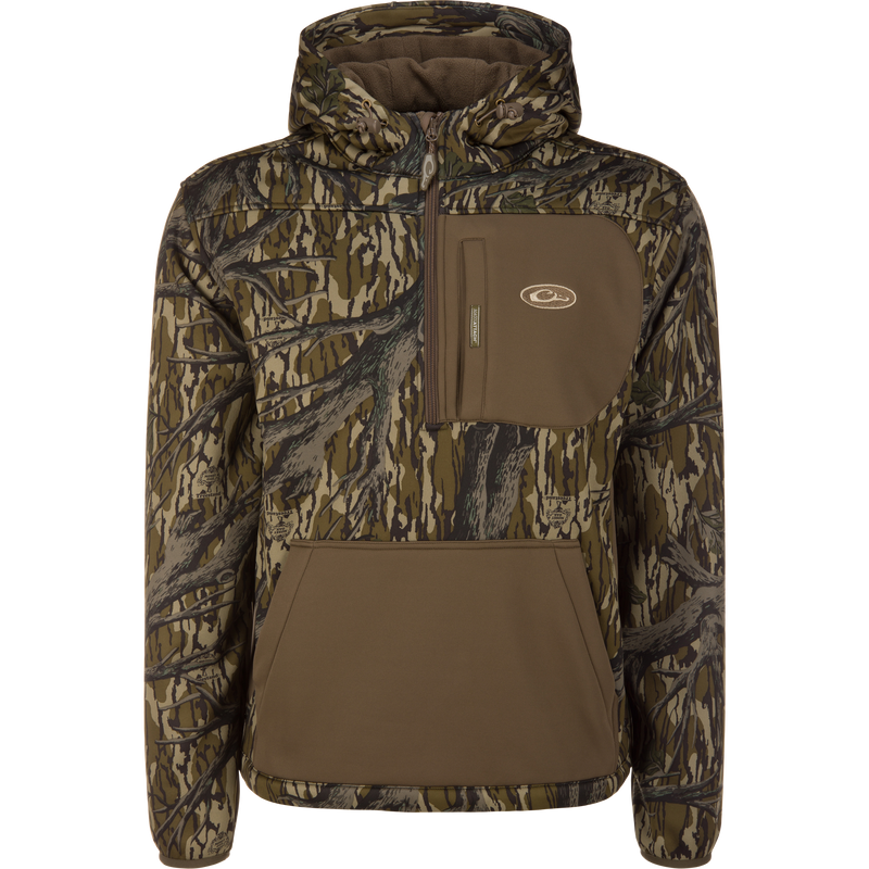 MST Endurance Hoodie With Kangaroo Pouch featuring camo pattern, built-in hood, half-zip chest pocket, and kangaroo-style hand pocket for comfort and mobility.