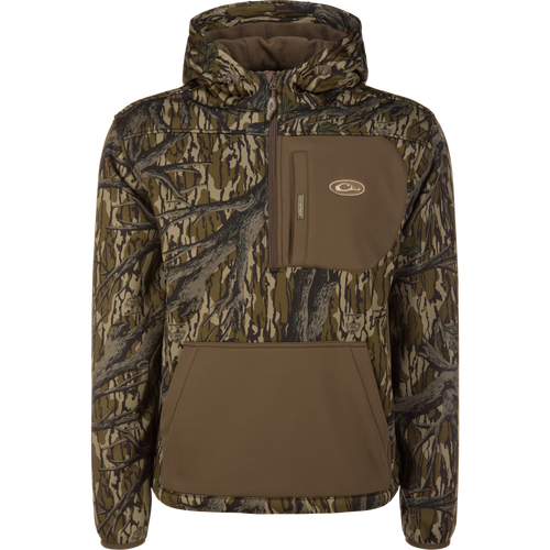 MST Endurance Hoodie With Kangaroo Pouch featuring camo pattern, built-in hood, half-zip chest pocket, and kangaroo-style hand pocket for comfort and mobility.
