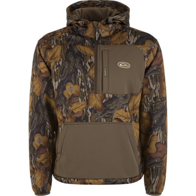 The MST Endurance Hoodie With Kangaroo Pouch by Waterfowl features a Mossy Oak Fall Foliage camo, breathable fabric, front kangaroo pocket, zippered chest pocket, and a half-zip closure.
