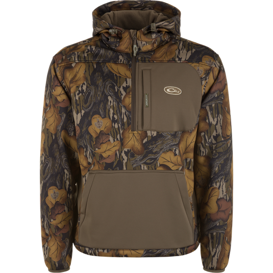 The MST Endurance Hoodie With Kangaroo Pouch by Waterfowl features a Mossy Oak Fall Foliage camo, breathable fabric, front kangaroo pocket, zippered chest pocket, and a half-zip closure.