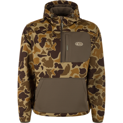 The MST Endurance Hoodie With Kangaroo Pouch by Waterfowl is a breathable pullover in Old School Sport camo, featuring a logo chest patch, zippered chest pocket, and kangaroo pouch.