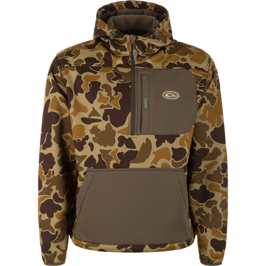 The MST Endurance Hoodie With Kangaroo Pouch by Waterfowl is a breathable pullover in Old School Sport camo, featuring a logo chest patch, zippered chest pocket, and kangaroo pouch.
