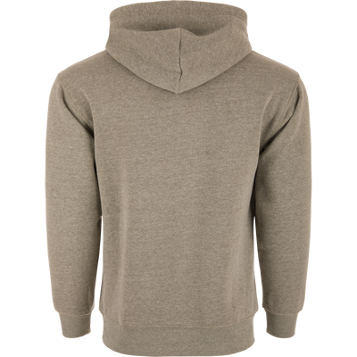 Rear view of the Old School Duck Hoodie on a mannequin, showcasing its jersey-lined hood and reinforced kangaroo pocket, ideal for outdoor adventures.