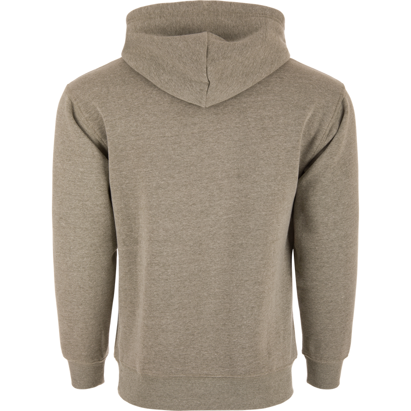 Rear view of the Old School Duck Hoodie on a mannequin, showcasing its jersey-lined hood and reinforced kangaroo pocket, ideal for outdoor adventures.