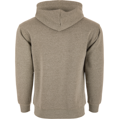 Rear view of the Old School Duck Hoodie on a mannequin, showcasing its jersey-lined hood and reinforced kangaroo pocket, ideal for outdoor adventures.
