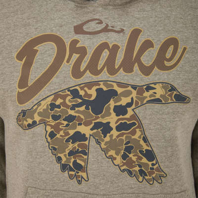 Old School Duck Hoodie with Drake and camouflage duck silhouette, featuring soft fleece, jersey-lined hood, and reinforced kangaroo pocket for outdoor adventures.