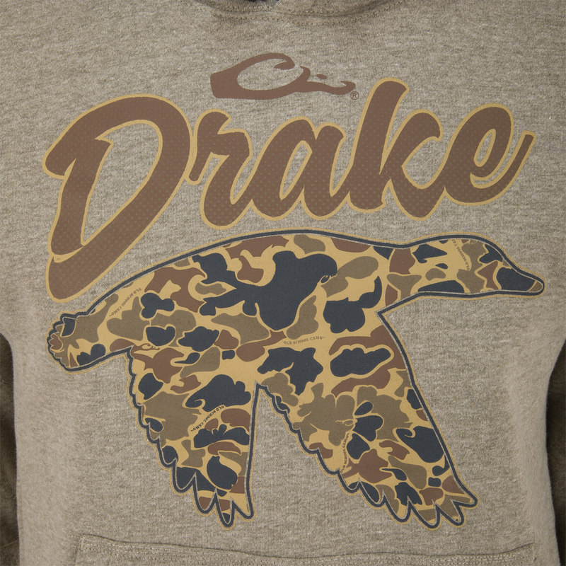 Old School Duck Hoodie with Drake and camouflage duck silhouette, featuring soft fleece, jersey-lined hood, and reinforced kangaroo pocket for outdoor adventures.
