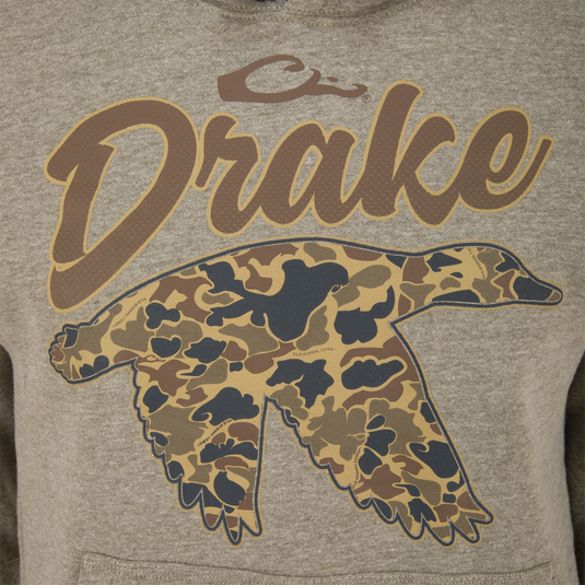 Old School Duck Hoodie with Drake and camouflage duck silhouette, featuring soft fleece, jersey-lined hood, and reinforced kangaroo pocket for outdoor adventures.