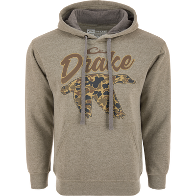 Old School Duck Hoodie in olive-grey heather with “Drake” script and camo drake silhouette, featuring a drawstring hood and reinforced kangaroo pocket on a mannequin.