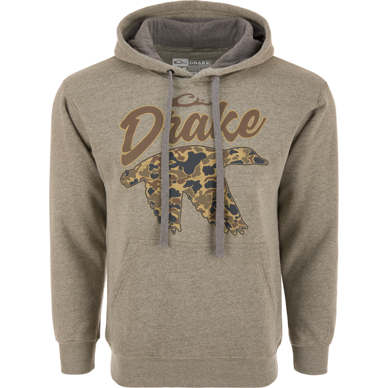 Old School Duck Hoodie in olive-grey heather with “Drake” script and camo drake silhouette, featuring a drawstring hood and reinforced kangaroo pocket on a mannequin.