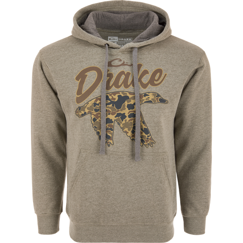 Old School Duck Hoodie in olive-grey heather with “Drake” script and camo drake silhouette, featuring a drawstring hood and reinforced kangaroo pocket on a mannequin.