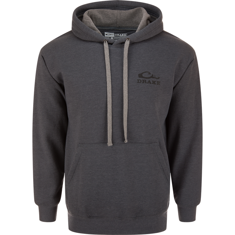 Oval Old School Logo Hoodie with a kangaroo pocket and jersey-lined hood, featuring a Drake logo on the chest, ideal for outdoor adventures.