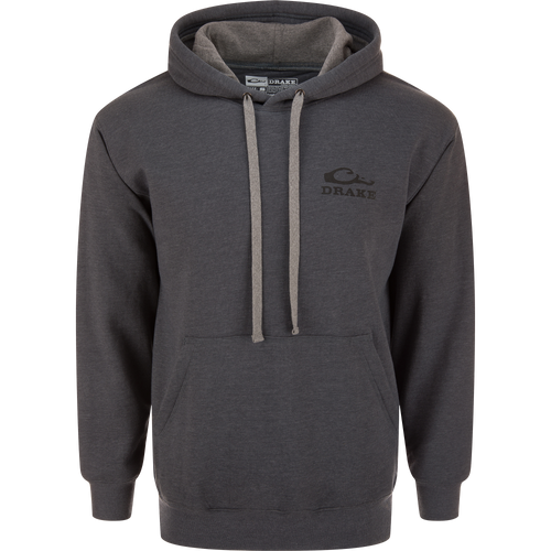 Oval Old School Logo Hoodie with a kangaroo pocket and jersey-lined hood, featuring a Drake logo on the chest, ideal for outdoor adventures.