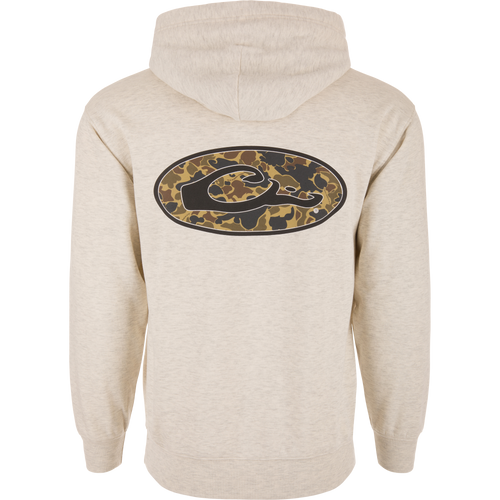 Back view of the Oval Old School Logo Hoodie featuring a camouflage-patterned oval and stylized logo, designed for comfort and durability in outdoor adventures.