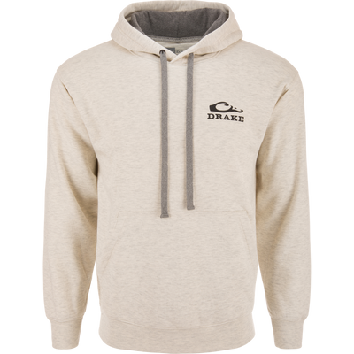 Oval Old School Logo Hoodie with a stylized duck graphic and DRAKE text, featuring a kangaroo pocket, gray drawcords, and ribbed cuffs.