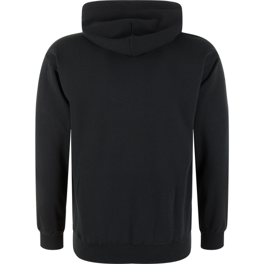 The Old School Logo Hoodie by Lifestyle is shown from the back, featuring black cotton-polyester fabric, long sleeves, ribbed cuffs, and a ribbed waistband for a classic midweight look.