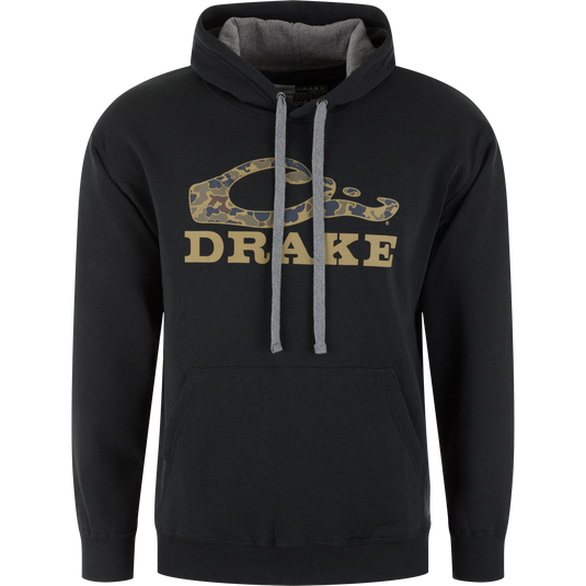 The Lifestyle Old School Logo Hoodie is a black cotton-poly midweight hoodie with front pocket, gray drawstrings, and a tan camo Old School Drake logo with DRAKE in bold tan letters underneath.