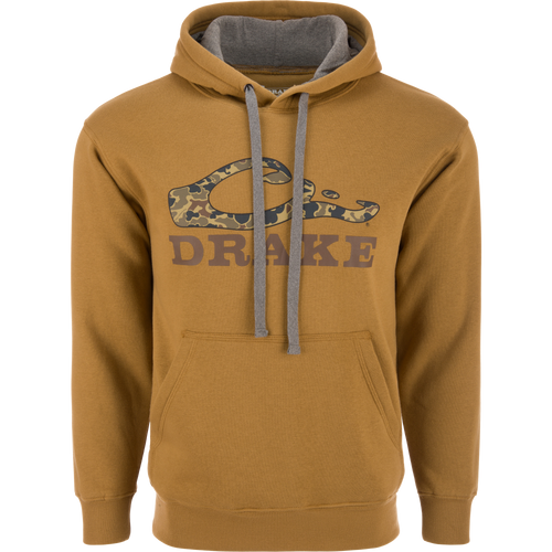 Old School Logo Hoodie with a kangaroo pocket, drawstring hood, and Drake logo, ideal for outdoor adventures, combining comfort and durability.