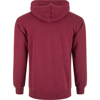 Back view of the Old School Logo Hoodie, a heathered burgundy pullover with a jersey-lined hood and ribbed cuffs, designed for comfort and durability.