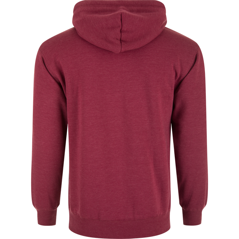 Back view of the Old School Logo Hoodie, a heathered burgundy pullover with a jersey-lined hood and ribbed cuffs, designed for comfort and durability.