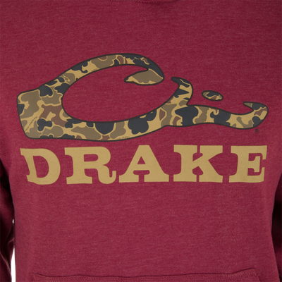 Front view of the Old School Logo Hoodie featuring a camo-patterned logo above DRAKE in bold letters, highlighting its durable, adventure-ready design.