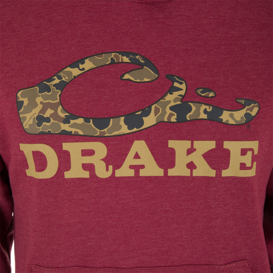 Front view of the Old School Logo Hoodie featuring a camo-patterned logo above DRAKE in bold letters, highlighting its durable, adventure-ready design.