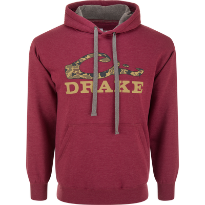 Old School Logo Hoodie featuring DRAKE graphic, drawstring hood, kangaroo pocket, ribbed cuffs, ideal for outdoor adventures with comfort and durability.