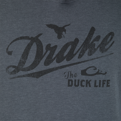 A close-up of the Drake Duck Life Hoodie by Lifestyle—a cotton-poly midweight hoodie with Drake, a flying duck silhouette, and The Duck Life text printed on it.