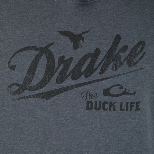 A close-up of the Drake Duck Life Hoodie by Lifestyle—a cotton-poly midweight hoodie with Drake, a flying duck silhouette, and The Duck Life text printed on it.