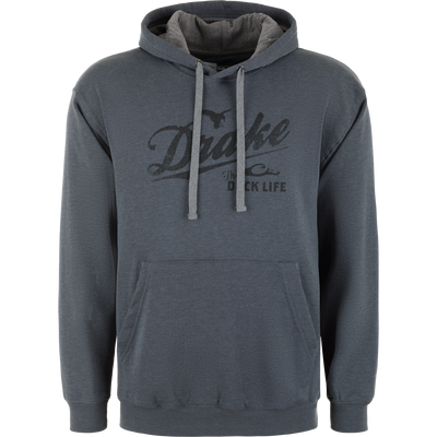 A charcoal heather midweight cotton-poly hoodie from Lifestyle, the Drake Duck Life Hoodie features a front pocket, drawstring hood, and Drake The Duck Life in black script—an Old School Duck Hoodie classic.