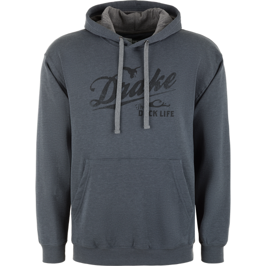 A charcoal heather midweight cotton-poly hoodie from Lifestyle, the Drake Duck Life Hoodie features a front pocket, drawstring hood, and Drake The Duck Life in black script—an Old School Duck Hoodie classic.