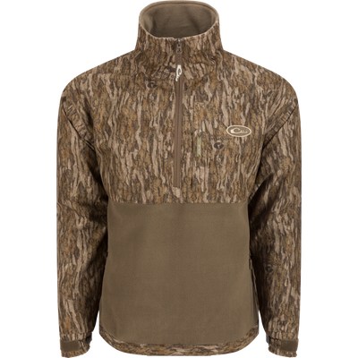 MST Half Zip Eqwader Jacket featuring waterproof upper body, breathable fleece lower body, close-up of zipper, and fabric details. Ideal for waterfowl hunting.