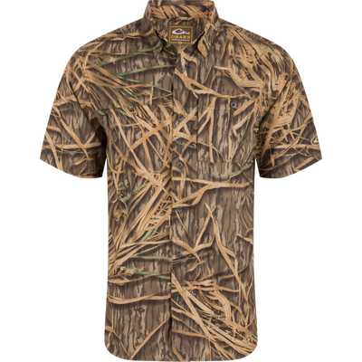 8-Shot Flyweight Shirt in camo pattern, featuring short sleeves, button-front, dual chest pockets, and vented cape back, ideal for hunting and outdoor activities.
