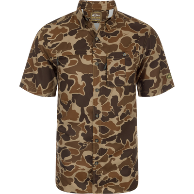 Short-Sleeved Flyweight Camo Hunting Shirt with vented cape back, hidden zippers on chest pockets, and split tail hem for versatile wear.
