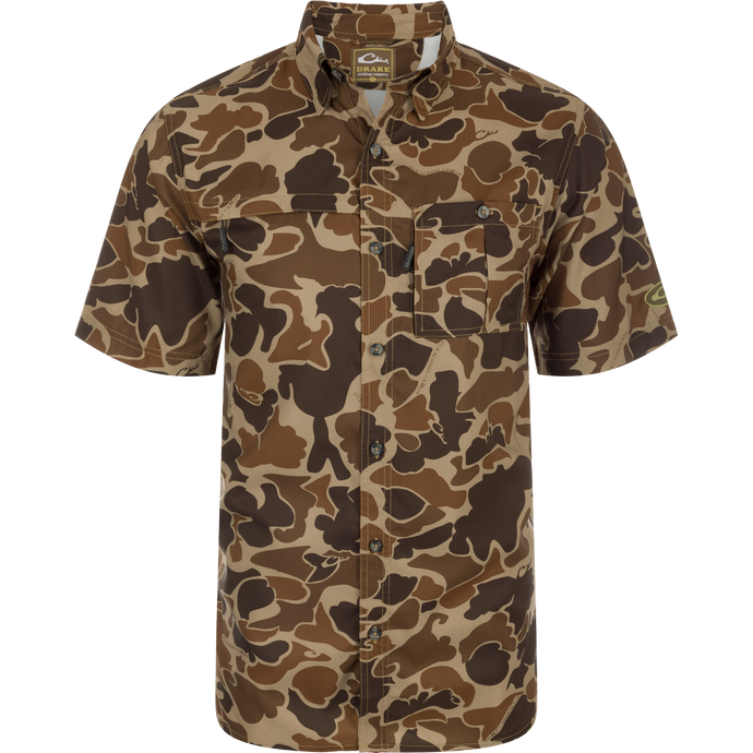 Short-Sleeved Flyweight Camo Hunting Shirt with vented cape back, hidden zippers on chest pockets, and split tail hem for versatile wear.