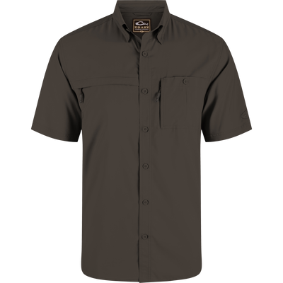 8-Shot Flyweight Shirt, featuring lightweight Dobby fabric, hidden button-down collar, and vented cape back, designed for moisture wicking and ease of movement.